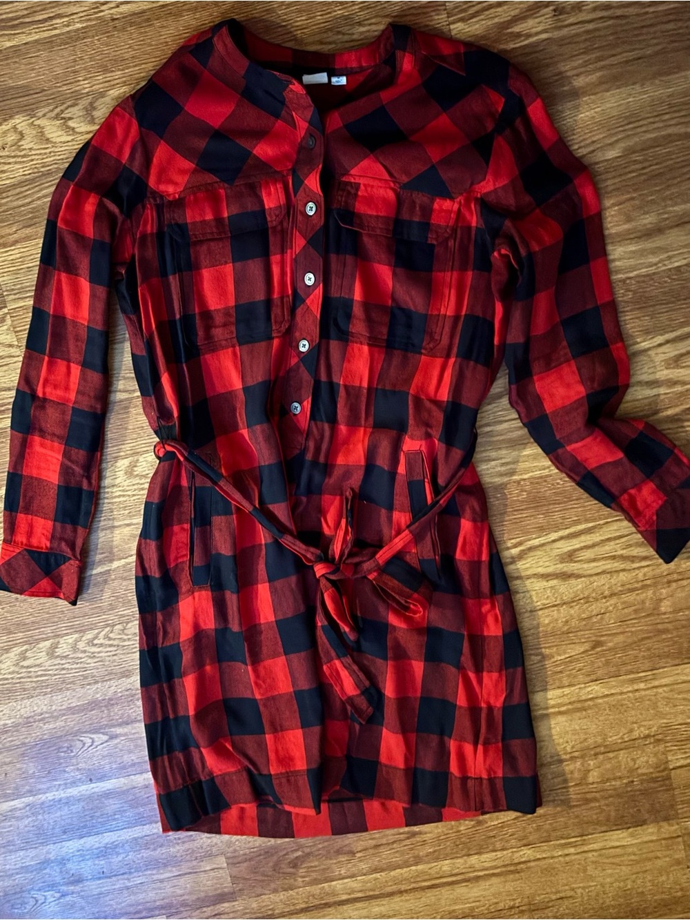 Gap Women's Red & Black Buffalo Plaid Long Sleeve Shirt Dress with Tie Waist